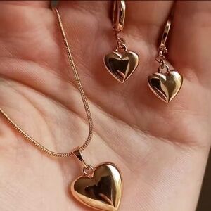 ✨ Glossy Gold Plated Metal Love Heart Dangle Earrings Necklace Jewelry Set for W